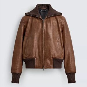 Zara Brown natural Leather Jacket bomber with collar